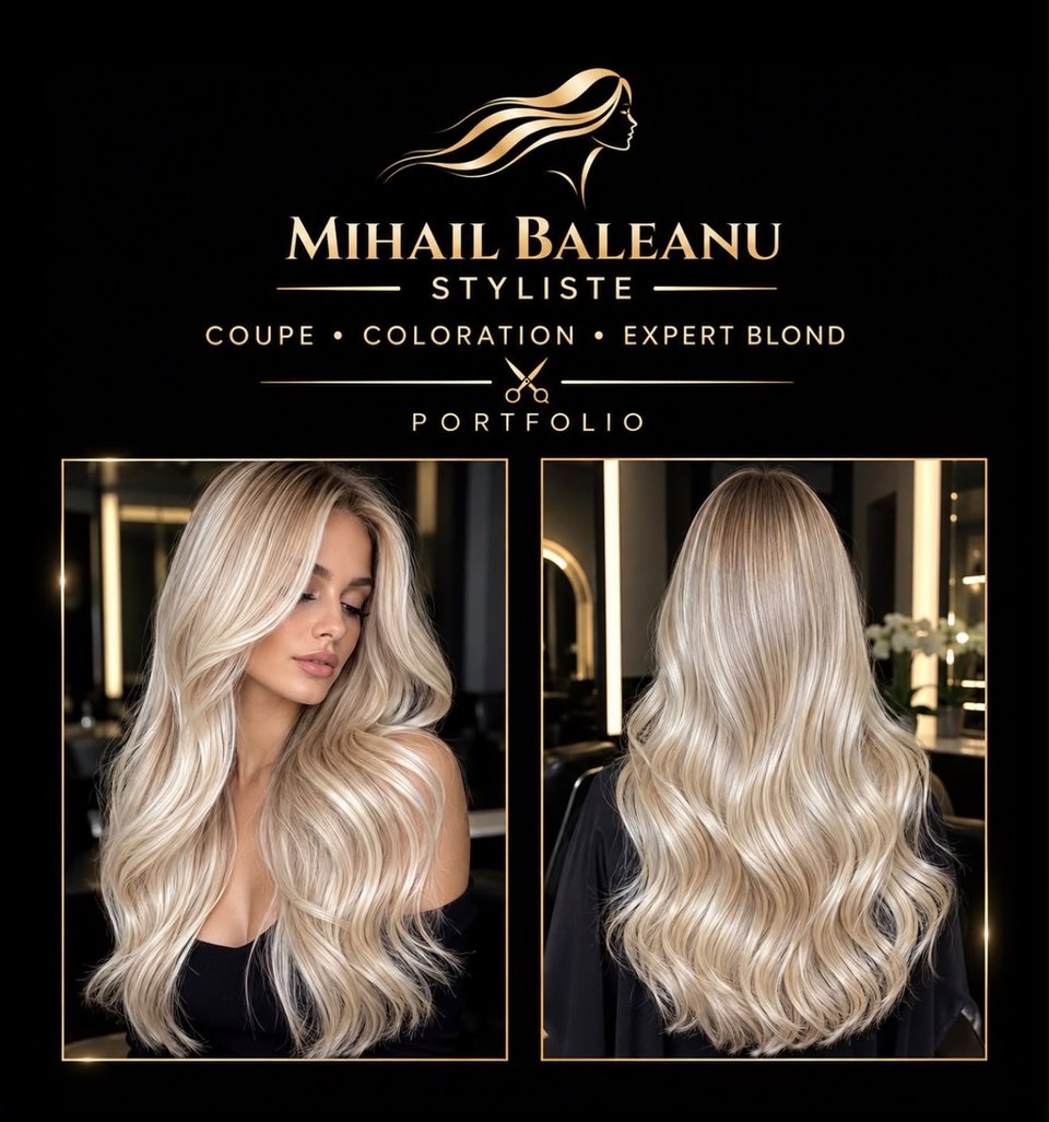 Affiche Mihail Baleanu, styliste : coupe, coloration, expert blond — deux réalisations blondes ondulées
